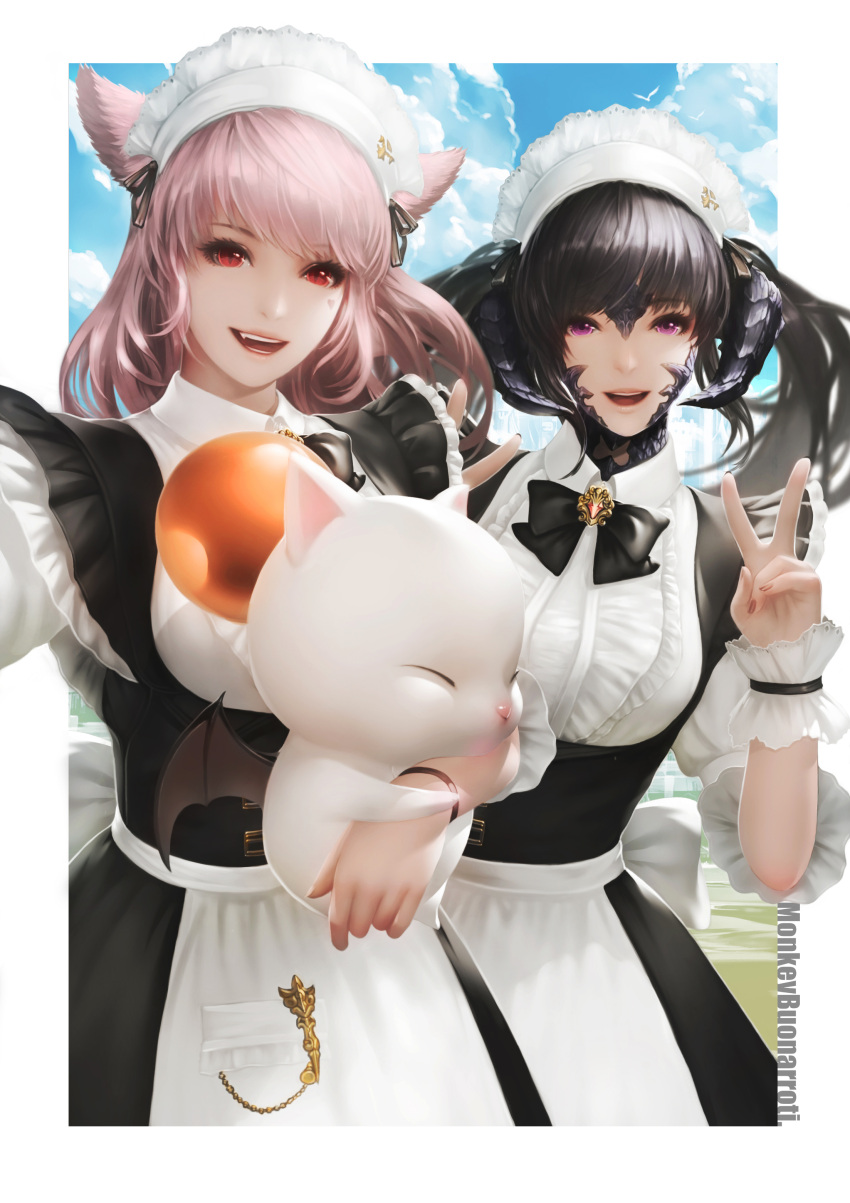 2girls :d absurdres animal_ears au_ra black_hair blue_sky breasts carrying cat_ears clouds cloudy_sky commentary_request double_v dragon_horns final_fantasy final_fantasy_xiv highres horns long_hair looking_at_viewer maid maid_headdress miqo'te mog monkey_buonarroti moogle multiple_girls open_mouth pink_hair red_eyes sky slit_pupils smile twintails underbust v violet_eyes wrist_cuffs