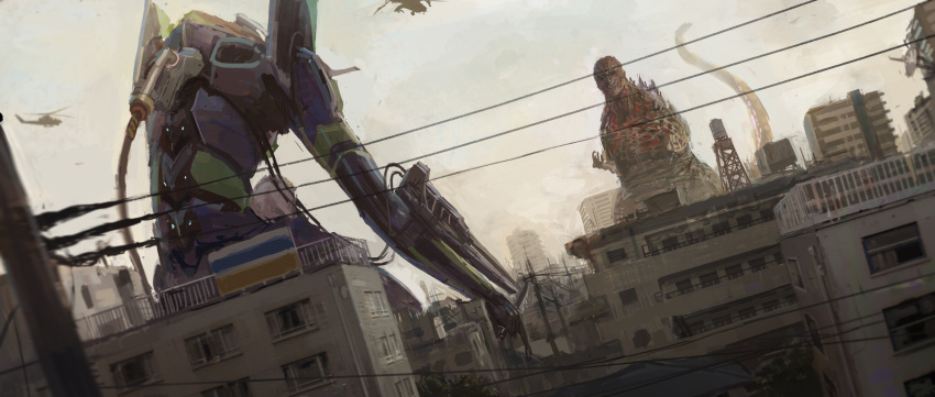 absurdres aircraft anno_hideaki blurry city cityscape commentary_request crossover day depth_of_field dutch_angle eva_01 godzilla godzilla_(series) helicopter highres holding holding_knife knife mecha monster neon_genesis_evangelion no_humans power_lines shin_godzilla shion_(mirudakemann) tagme telephone_pole tree