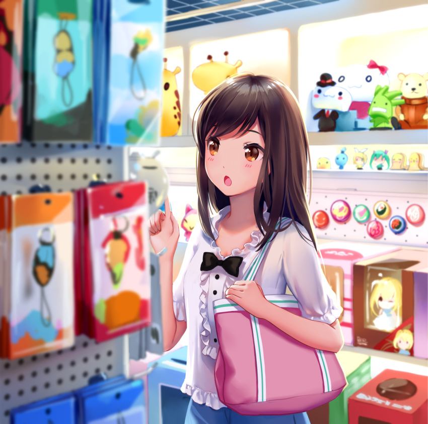 1girl bag black_hair bow bowtie brown_eyes commentary dress eyebrows frilled_dress frills highres indoors open_mouth original shop shopping shoulder_bag solo upper_body white_dress yin.