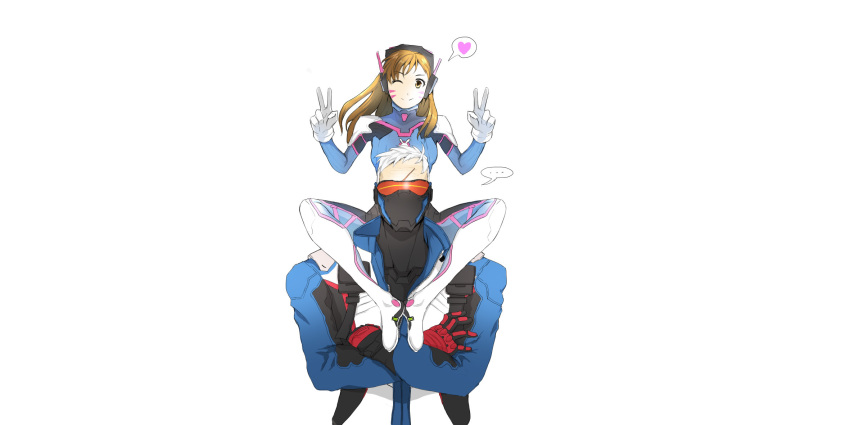 1boy 1girl bodysuit boots brown_eyes brown_hair bunny_print covered_mouth crossed_arms d.va_(overwatch) double_v eyebrows eyebrows_visible_through_hair face_mask facepaint facial_mark gloves headphones heart highres jacket long_hair long_sleeves mask one_eye_closed overwatch pauldrons piggyback pilot_suit pose red_gloves ribbed_bodysuit scar short_hair shoulder_pads simple_background smile soldier:_76_(overwatch) spoken_heart thigh-highs thigh_boots thigh_strap turtleneck v visor whisker_markings white_background white_gloves white_hair