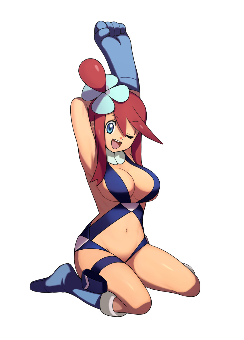1girl arms_up blue_eyes boots breasts cleavage fuuro_(pokemon) gloves gym_leader hair_ornament highres kiki_(uxoia) knee_boots large_breasts long_hair midriff navel one_eye_closed open_mouth pokemon pokemon_(game) pokemon_bw redhead sitting smile solo wariza