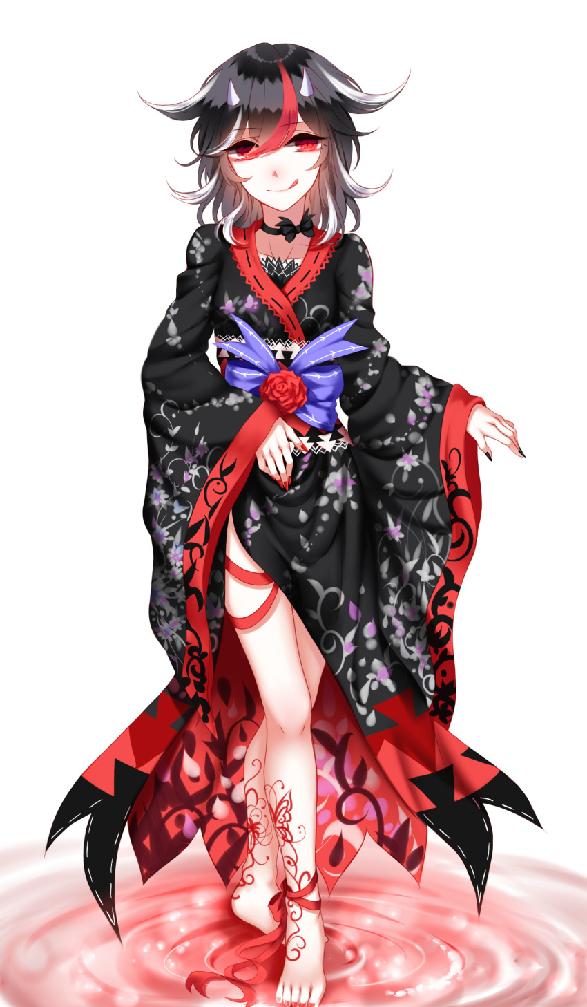 1girl absurdres alternate_costume ankle_ribbon barefoot black_hair black_kimono black_nails breasts choker collarbone eyes_visible_through_hair floral_print flower highres horns japanese_clothes kijin_seija kimono legs licking_lips long_sleeves looking_at_viewer multicolored_hair nail_polish obi red_eyes red_nails redhead ribbon ripples rose sash sheya short_hair side_slit simple_background small_breasts solo streaked_hair thighs tongue tongue_out touhou water white_background white_hair wide_sleeves