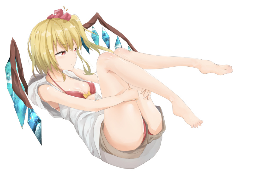 1girl barefoot blonde_hair blush bow bow_bra bra breasts collarbone expressionless feet flandre_scarlet flower hair_flower hair_ornament highres hood hoodie jacket leg_hold medium_breasts nise_(__nise6__) panties partially_unzipped red_bra red_eyes red_panties short_hair shorts side_ponytail sleeveless solo toes touhou underwear unzipped upshorts white_jacket wings yellow_bow