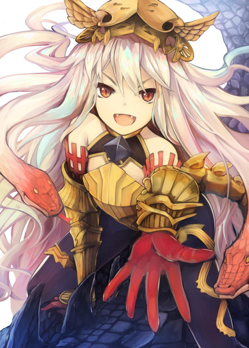 >:d 1girl :d bangs bare_shoulders black_legwear breastplate elbow_gloves fangs giant_snake gloves gorgon granblue_fantasy hair_between_eyes hat highres long_hair looking_at_viewer medusa_(shingeki_no_bahamut) open_mouth orange_eyes otogi_kyouka outstretched_arm pantyhose red_gloves riding shingeki_no_bahamut skull slit_pupils smile snake snake_hair solo tsurime very_long_hair white_hair