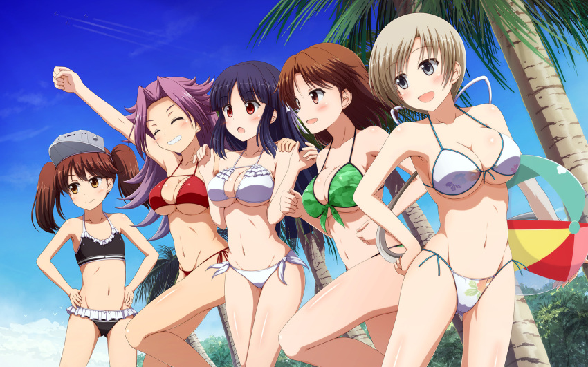 5girls :d :o ^_^ alternate_costume armpits ball bare_arms bare_shoulders beachball bikini black_hair blue_sky blush breasts chitose_(kantai_collection) chiyoda_(kantai_collection) cleavage closed_eyes coconut_tree collarbone commentary_request eyebrows eyebrows_visible_through_hair fist_pump frilled_bikini frills green_bikini grey_eyes grin hand_on_another's_shoulder hands_on_hips highres hiyou_(kantai_collection) holding_ball jun'you_(kantai_collection) kantai_collection long_hair low_ponytail multiple_girls navel open_mouth outdoors palm_tree purple_hair red_bikini red_eyes ryuujou_(kantai_collection) shira-nyoro short_hair side-tie_bikini silver_hair sky smile swimsuit tree twintails visor_cap white_bikini