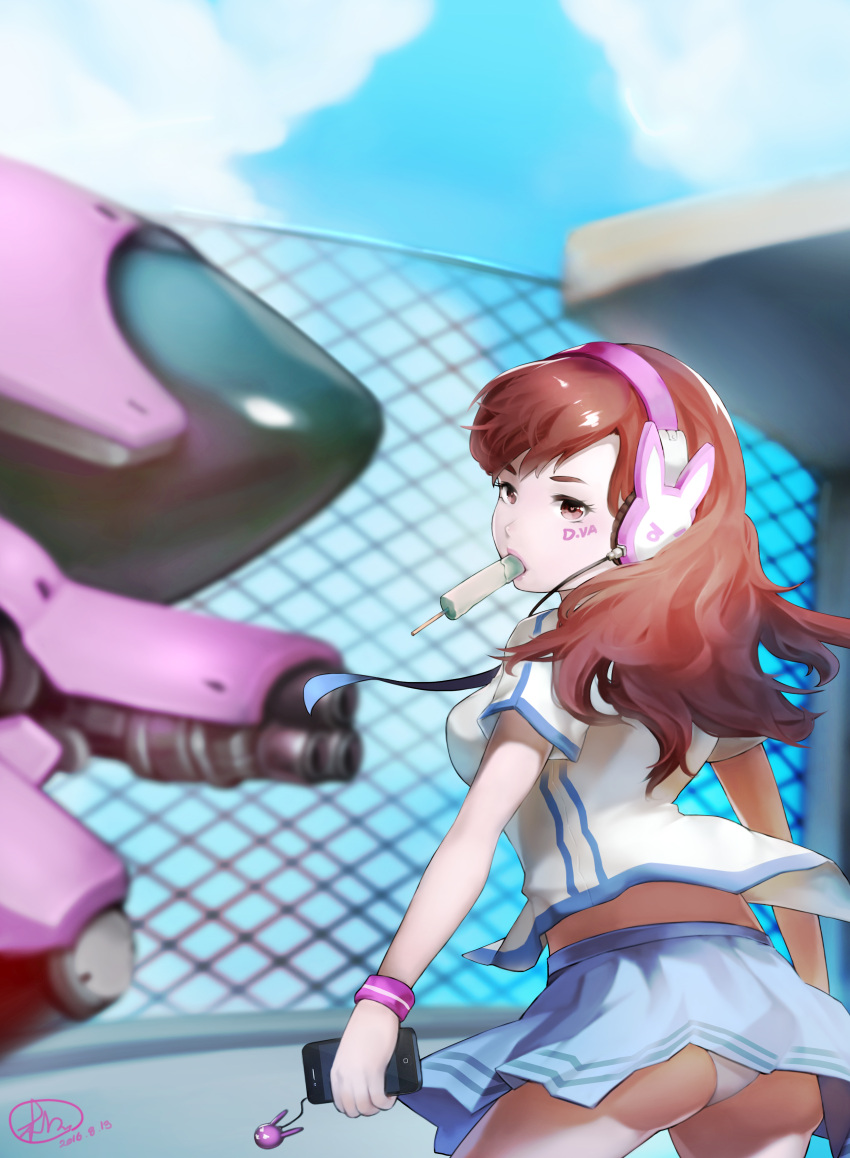 1girl 2016 absurdres arm_cannon ass bangs blue_skirt blue_sky breasts brown_eyes brown_hair cellphone charm_(object) cowboy_shot d.va_(overwatch) dated eyelashes facepaint facial_mark fence from_behind gatling_gun gun headphones heart heart-shaped_pupils highres holding_cellphone legs_apart long_hair looking_at_viewer mecha medium_breasts meka_(overwatch) mouth_hold overwatch panties pantyshot pantyshot_(standing) phone pink_lips popsicle shirt short_sleeves signature skirt sky smartphone solo standing symbol-shaped_pupils underwear weapon whisker_markings white_panties wristband