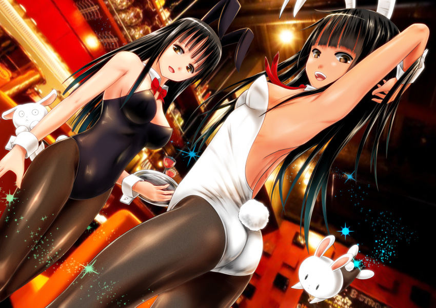 2girls :d animal_ears ano_hito arms_up ass black_hair breasts brown_eyes bunny_girl bunny_tail bunnysuit detached_collar dutch_angle flying from_below glass magic multiple_girls open_mouth pantyhose photo_background rabbit rabbit_ears smile standing tail tray wrist_cuffs