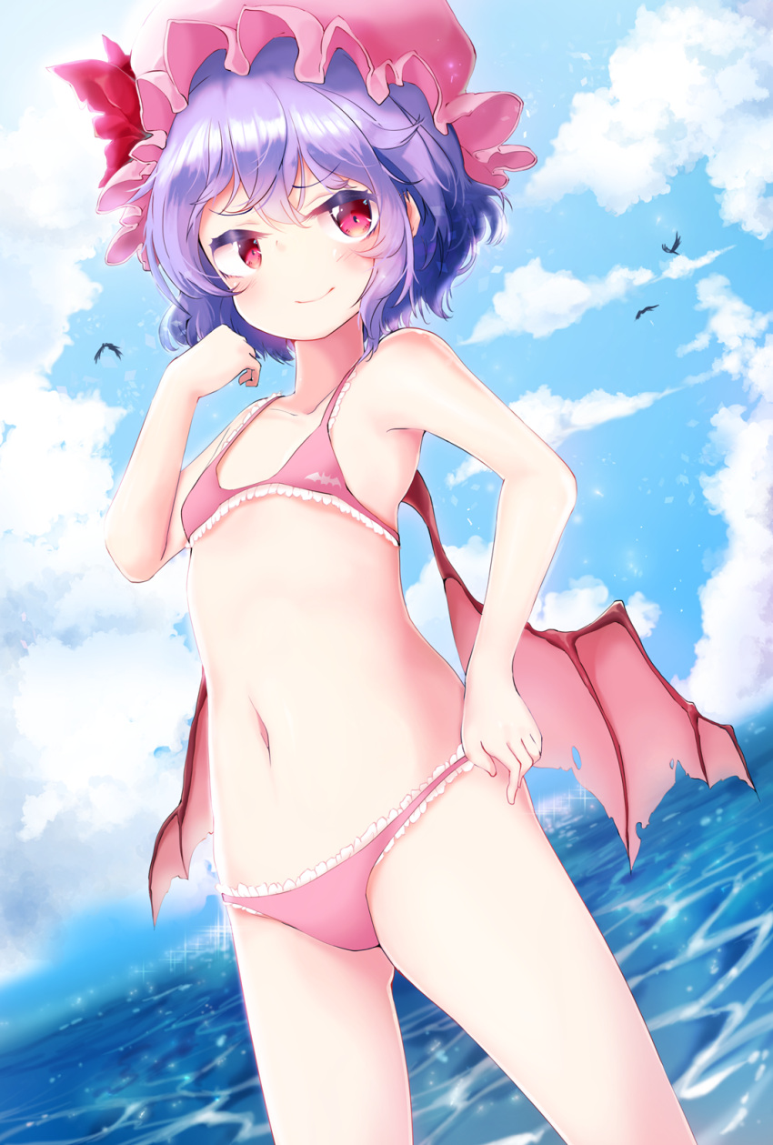 1girl akisha bat_wings bikini bird blue_eyes blue_sky blush closed_mouth clouds cloudy_sky day flat_chest hat hat_ribbon highres looking_at_viewer mob_cap navel outdoors pink_bikini red_eyes red_ribbon remilia_scarlet ribbon short_hair sky smile solo sparkle standing swimsuit touhou water wings