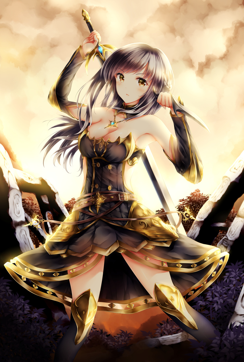 1girl armpits bare_shoulders belt blush breasts cleavage clouds cloudy_sky collar color_coordination dagger detached_sleeves dress dual_wielding elbow_pads highres holding holding_sword holding_weapon jewelry knee_pads kneehighs large_breasts long_hair looking_at_viewer necklace open_mouth orange_eyes original outdoors purple_hair sky solo sword w_arms weapon wsman