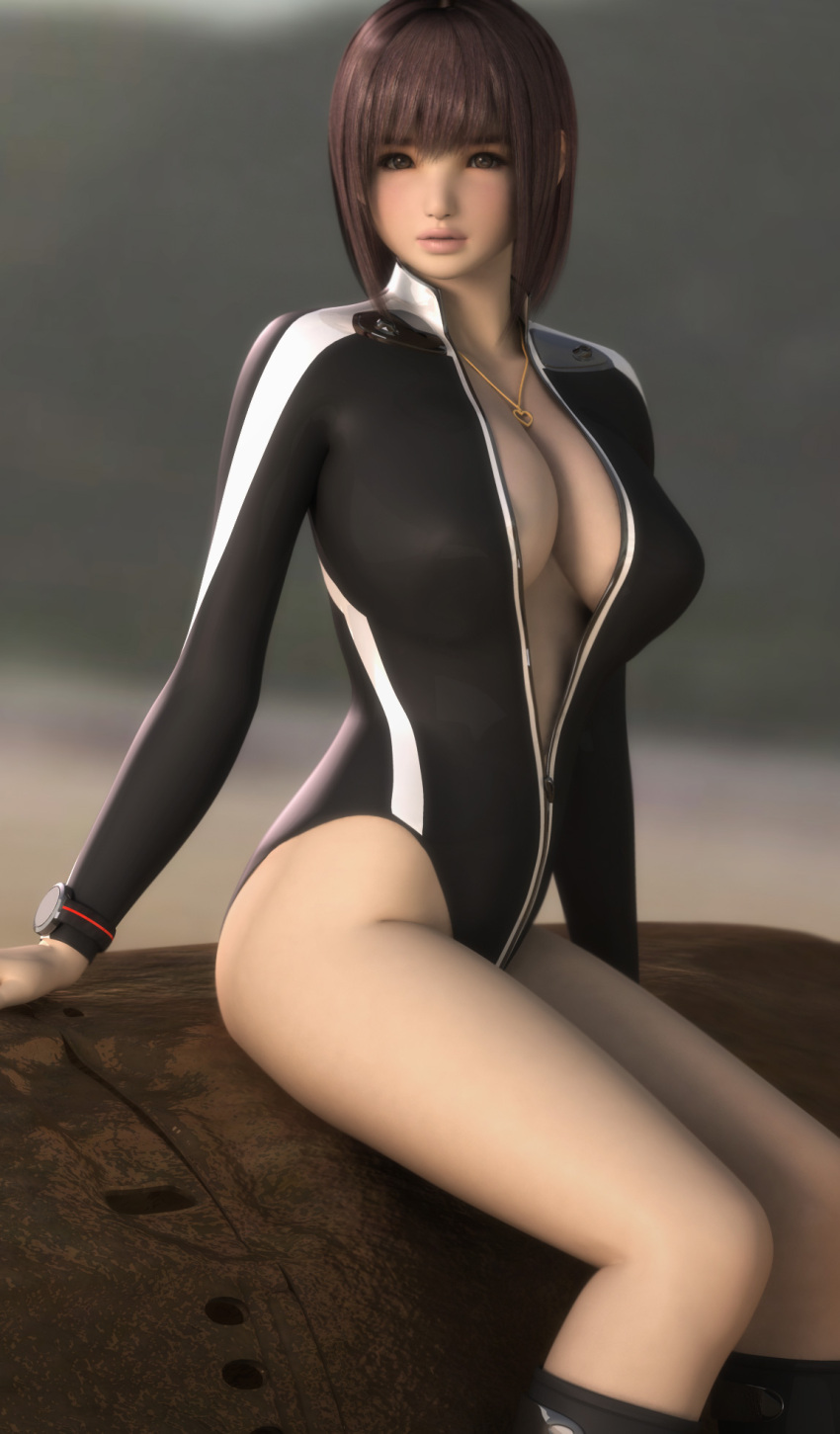 1girl 3d breasts brown_eyes brown_hair center_opening diving_suit heart heart_necklace highres hinemaru large_breasts long_sleeves looking_at_viewer original parted_lips short_hair sitting skin_tight solo thighs unzipped watch watch
