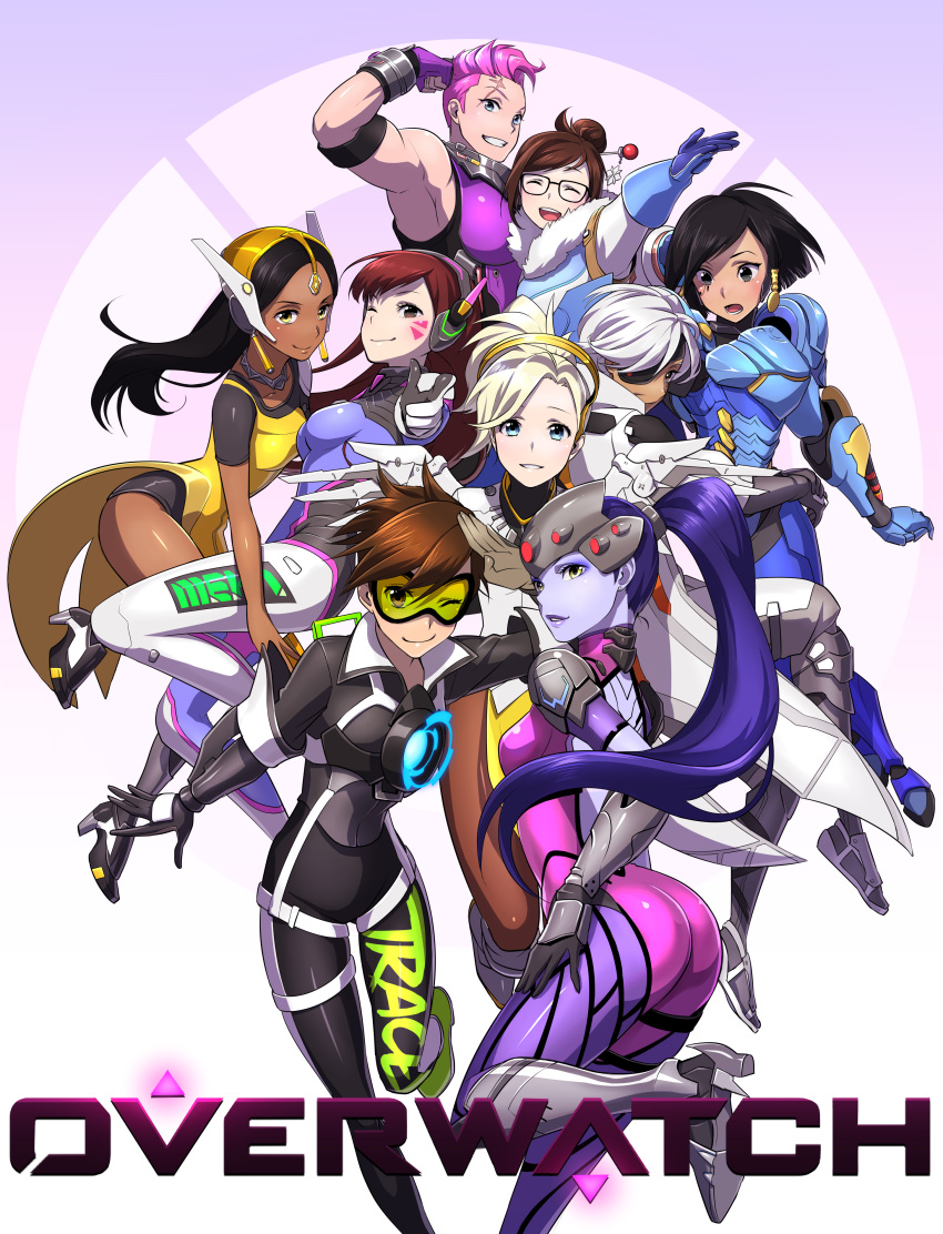 6+girls ;) absurdres acronym alternate_color alternate_eye_color alternate_hair_length alternate_hairstyle ana_(overwatch) armor armored_boots ass back_opening back_tattoo bangs biceps black-framed_eyewear black_eyes black_gloves black_hair black_jacket blonde_hair blue_eyes blue_gloves blue_sky bodysuit bomber_jacket boots braid breasts brown_eyes brown_hair character_name closed_eyes clothes_writing coat copyright_name cowboy_shot cyborg d.va_(overwatch) dark_skin dress earrings emblem eye_of_horus eyelashes eyeliner eyepatch facepaint facial_mark facial_tattoo flexing forehead_jewel fur-lined_jacket fur_coat fur_trim glasses gloves goggles greaves hair_bun hair_ornament hair_stick hair_tie hair_tubes hand_up harness head_mounted_display headgear headphones high_heel_boots high_heels high_ponytail highres jacket jewelry kalua_(artist) knee_boots knee_pads leather leather_jacket leg_up lipstick logo long_hair long_sleeves looking_at_viewer makeup mascara mechanical_arm mechanical_halo mechanical_wings medium_breasts mei_(overwatch) mercy_(overwatch) multiple_girls muscle muscular_female no_headwear no_helmet one_eye_closed one_leg_raised overwatch pants parka parted_lips pauldrons pelvic_curtain pharah_(overwatch) pink_hair pointing pointing_at_viewer ponytail pose power_armor power_suit purple_hair purple_lips purple_lipstick purple_skin ribbed_bodysuit salute scar scar_across_eye short_hair shoulder_pads side_braids side_slit sky sleeveless smile snowflake_hair_ornament spiky_hair spread_wings strap stud_earrings swept_bangs symmetra_(overwatch) tattoo teeth thigh-highs thigh_boots thigh_strap thighs tight tight_pants tracer_(overwatch) turtleneck vambraces visor whisker_markings white_gloves white_hair widowmaker_(overwatch) wings winter_clothes winter_coat yellow_dress yellow_eyes zarya_(overwatch)