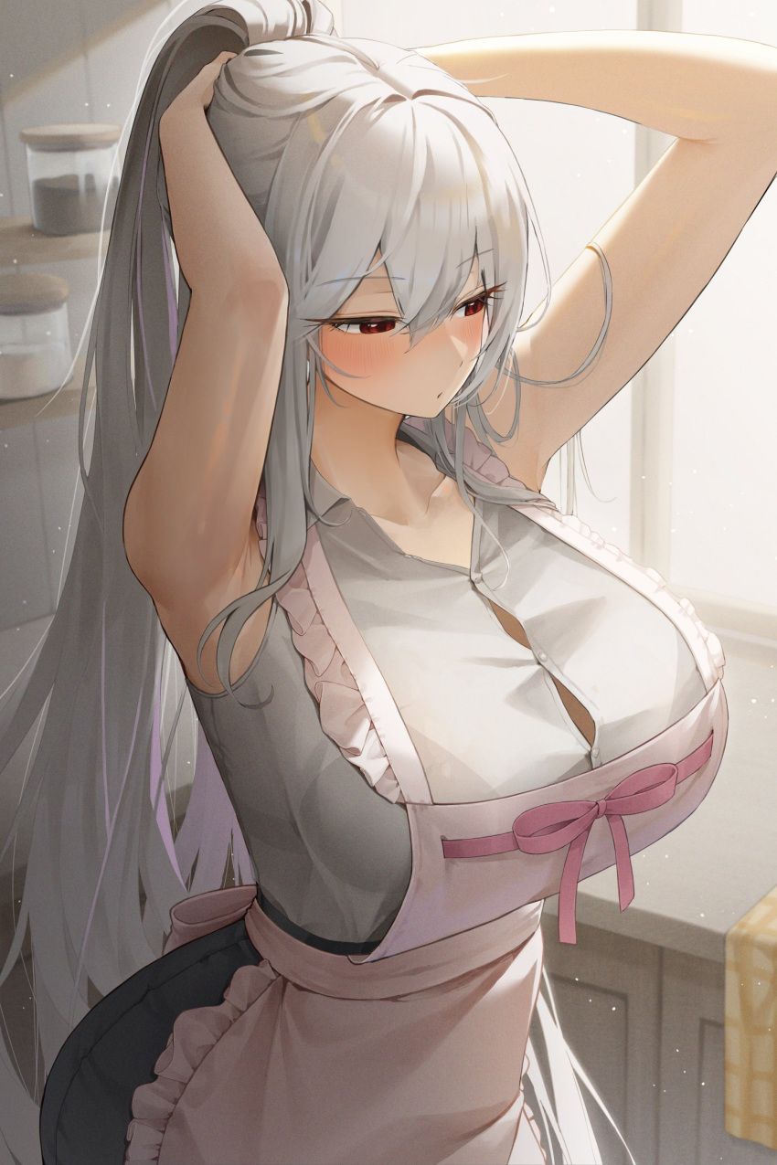 1girl absurdres apron armpits arms_up bare_shoulders bbakasatang blush breasts buttons character_request collarbone commentary copyright_request curvy female frills hair_between_eyes highres huge_breasts indoors jar large_breasts long_hair ponytail red_eyes sidelocks sleeveless solo standing white_apron white_hair