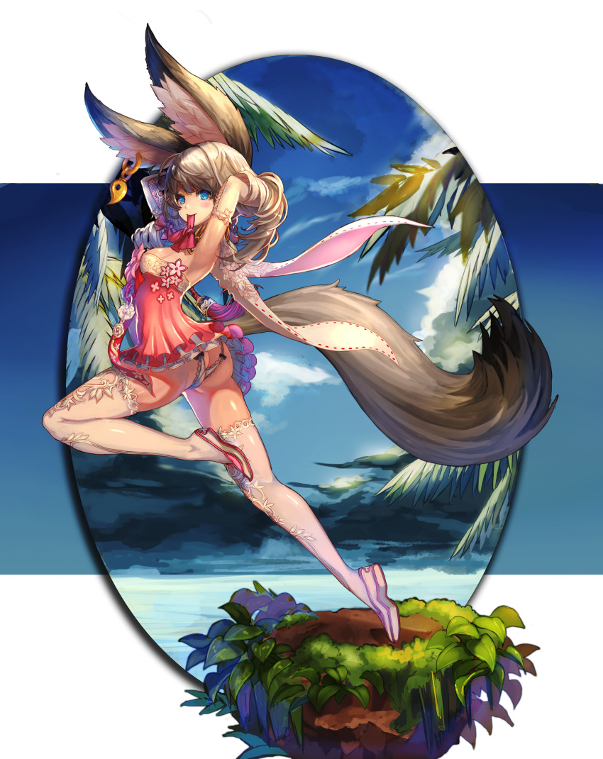 1girl absurdres adjusting_hair animal_ears armpits arms_behind_head arms_up ass blade_&amp;_soul blue_eyes blush breasts brown_hair butt_crack cape dress earrings elbow_gloves gloves hands_in_hair highres jewelry leg_lift long_hair long_tail lyn_(blade_&amp;_soul) mouth_hold panties qbspdl ribbon running shoes short_dress sideboob smile solo star star-shaped_pupils strapless strapless_dress symbol-shaped_pupils tail thigh-highs thighs underwear white_legwear white_panties wolf_ears