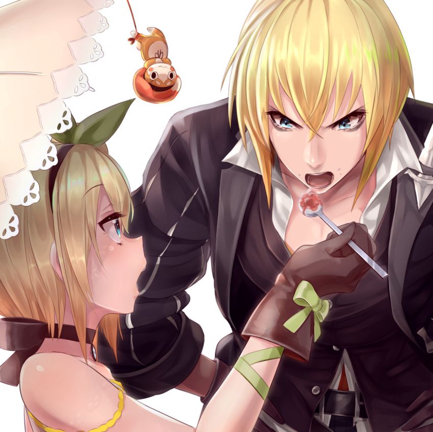 1boy 1girl bare_shoulders blonde_hair blue_eyes blush brother_and_sister choker coat commentary_request dress edna_(tales) eizen_(tales) feeding food gloves hair_ribbon hairband highres normin_(tales) open_mouth pecolondon ribbon shaved_ice short_hair siblings side_ponytail simple_background spoon tales_of_(series) tales_of_berseria tales_of_zestiria umbrella white_background white_dress