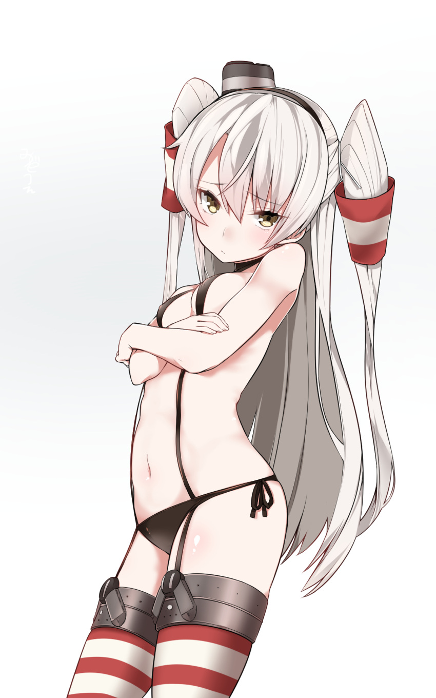 1girl amatsukaze_(kantai_collection) bare_shoulders breasts brown_eyes choker cowboy_shot crossed_arms hair_tubes highres kantai_collection looking_at_viewer mitsudoue navel panties side-tie_swimsuit sideboob silver_hair simple_background solo striped striped_legwear swimsuit two_side_up underwear white_background