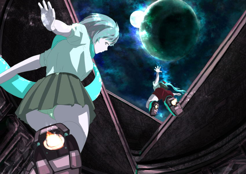 2girls aqua_hair blue_hair boots clouds commentary_request fire flame from_below grey_eyes highres jet_boots kanrobi launching looking_at_viewer looking_back multiple_girls multiple_moons night night_sky original outstretched_arms panties pantyshot ponytail retractable_roof scarf science_fiction shorts skirt sky underwear