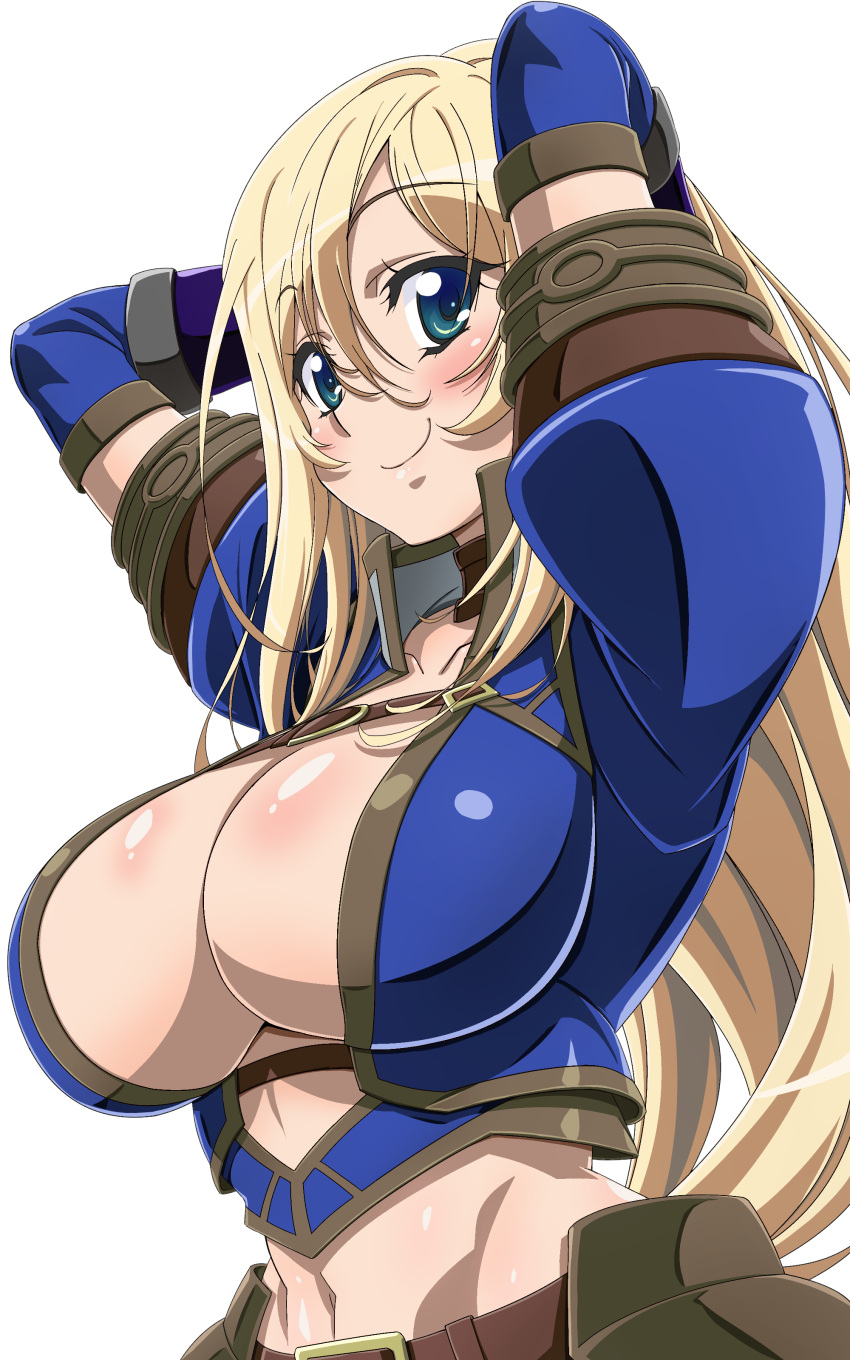1girl absurdres armor arms_behind_head arms_up asuru_(armor) blonde_hair blue_eyes blush breasts center_opening clarice_(mezeporta_kaitaku-ki) cleavage closed_mouth commentary_request elbow_gloves gloves goridou groin highres large_breasts long_hair looking_at_viewer monster_hunter monster_hunter_mezeporta_kaitaku-ki navel puffy_short_sleeves puffy_sleeves purple_gloves short_sleeves simple_background smile solo stomach upper_body white_background