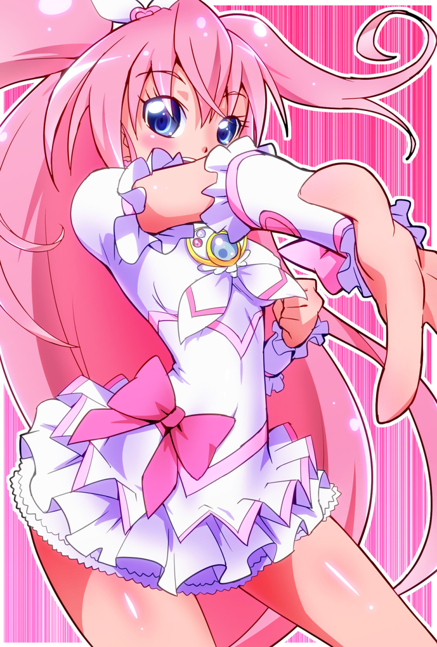 1girl blue_eyes bow brooch cosplay cure_melody cure_rhythm cure_rhythm_(cosplay) frilled_skirt frills highres houjou_hibiki jewelry long_hair looking_at_viewer outstretched_hand pink_background pink_bow pink_hair precure ryuuta_(cure_ryuuta) shiny shiny_skin skirt smile solo suite_precure white_skirt wrist_cuffs