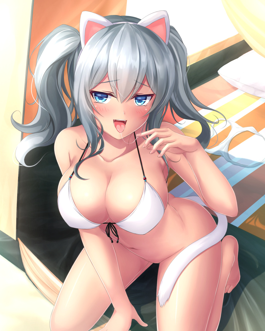 1girl animal_ears bare_legs barefoot bikini_bottom_removed bikini_top blue_eyes blush bottomless breasts cat_ears cat_tail cleavage collarbone commentary_request front-tie_top highres indoors kantai_collection kashima_(kantai_collection) kneeling large_breasts long_hair naughty_face navel open_mouth saliva saliva_trail sidelocks silver_hair smile solo swimsuit tail tiphereth tongue tongue_out tsurime twintails wavy_hair white_bikini_top