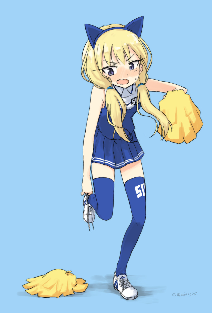1girl alternate_costume animal_ears blonde_hair blue_background blue_eyes blue_hairband blue_legwear blue_skirt blush breasts carla_j_luksic cat_ears cheerleader d: eyebrows eyebrows_visible_through_hair fake_animal_ears fang full_body hairband highres long_hair looking_down low_twintails makaze_(t-junction) miniskirt number open_mouth pleated_skirt pom_poms putting_on_shoes shoes simple_background skirt sleeveless small_breasts solo standing standing_on_one_leg strike_witches thigh-highs twintails untied_shoe white_shoes world_witches_series zettai_ryouiki