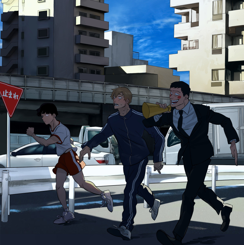 3boys absurdres apartment black_hair blonde_hair blush_stickers bowl_cut building daijyuu ekubo_(mob_psycho_100) formal ground_vehicle gym_shorts gym_uniform highres kageyama_shigeo megaphone mob_psycho_100 motor_vehicle multiple_boys reigen_arataka road_sign running shirt shoes shorts sign smile sneakers suit sweat t-shirt tired track_suit truck