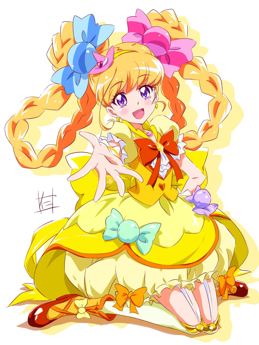 1girl :d asahina_mirai blonde_hair bloomers bow braid candy_hair_ornament cure_miracle double_bun earrings food_themed_hair_ornament full_body hair_ornament hair_rings hat highres jewelry kneehighs kneeling long_hair looking_at_viewer mahou_girls_precure! mini_hat mini_witch_hat nii_manabu open_mouth outstretched_hand pink_hat precure red_bow shoes skirt smile solo topaz_style underwear violet_eyes white_legwear witch_hat yellow_skirt