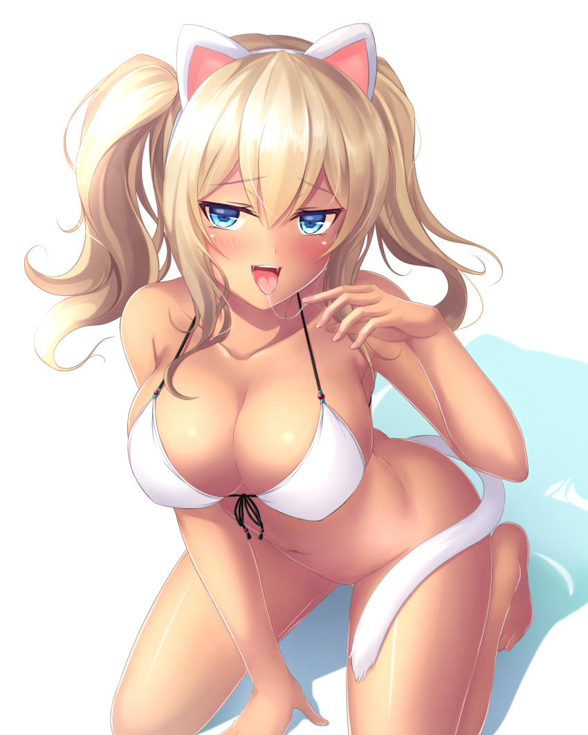 1girl alternate_hair_color animal_ears bare_legs barefoot bikini_top blonde_hair blue_eyes blush bottomless breasts cat_ears cat_tail cleavage collarbone front-tie_top highres kantai_collection kashima_(kantai_collection) kneeling large_breasts long_hair naughty_face navel open_mouth saliva saliva_trail sidelocks simple_background smile solo swimsuit tail tan tiphereth tongue tongue_out tsurime twintails wavy_hair white_background white_bikini_top
