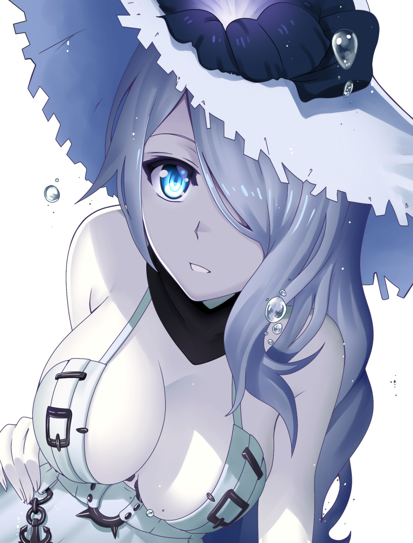 1girl blue_eyes breasts bubble cleavage dress flower hair_over_one_eye hat hat_flower highres kantai_collection large_breasts long_hair seaport_summer_hime shinkaisei-kan solo white_background white_dress white_hair white_skin wintersteam