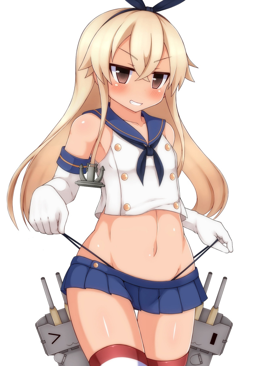 &gt;_&lt; 1girl :3 anchor_hair_ornament blonde_hair blue_skirt blush bow breasts brown_eyes closed_eyes collarbone elbow_gloves eyebrows eyebrows_visible_through_hair gloves grin hair_bow hair_ornament hairband highres kantai_collection long_hair miniskirt naughty_face navel rensouhou-chan shimakaze_(kantai_collection) simple_background skirt small_breasts smile stomach thigh-highs thong white_background white_gloves zack_(haiuinndo)