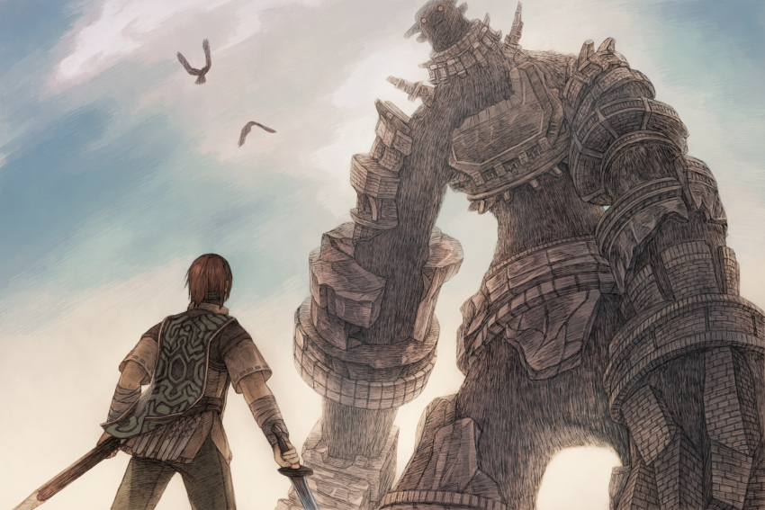 1boy backlighting bird brown_hair clouds creature from_below headband highres looking_down looking_up maekakekamen male_focus shadow_of_the_colossus sheath short_hair size_difference sky sword texture wander weapon
