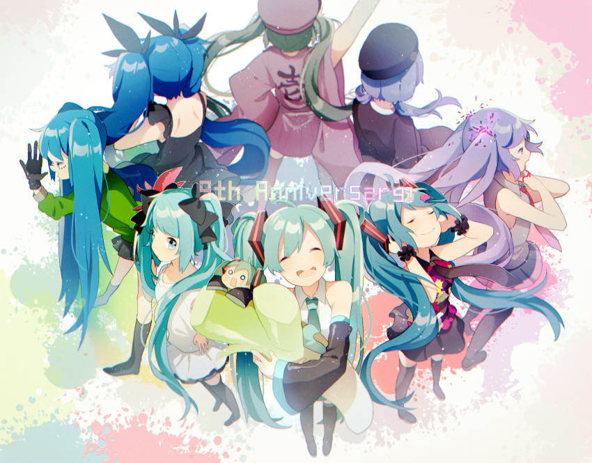 6+girls ahoge aqua_eyes aqua_hair arm_up bare_shoulders beret black_dress black_gloves black_legwear blood blood_from_mouth blue_hair bow chibi circle_formation closed_eyes covering_ears detached_sleeves dress ghost_rule_(vocaloid) gloves green_jacket hachune_miku hair_bow hair_ribbon hand_on_hip hat hatsune_miku highres jacket japanese_clothes low_twintails matryoshka_(vocaloid) multiple_girls multiple_persona necktie open_mouth paint_splatter ren'ai_saiban_(vocaloid) ribbon senbon-zakura_(vocaloid) shinkai_shoujo_(vocaloid) smile songover spring_onion standing tell_your_world_(vocaloid) thigh-highs twintails uiyuzu_(uichoco) vocaloid white_dress wide_sleeves world_is_mine_(vocaloid) wrist_cuffs zettai_ryouiki