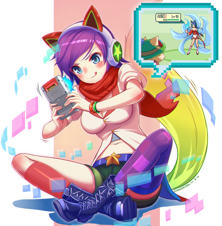 1girl ahri alternate_costume alternate_hair_color animal_ears arcade_ahri asymmetrical_legwear bare_shoulders blue_eyes blush bracelet breasts chan_qi_(fireworkhouse) cleavage commentary detached_sleeves fox_ears fox_tail game_boy handheld_game_console hat headphones highres jewelry korean_clothes large_breasts league_of_legends long_hair midriff mole mole_under_eye multiple_tails navel open_mouth pixelated pokemon purple_hair red_scarf scarf short_hair solo tail teemo thigh-highs tongue tongue_out