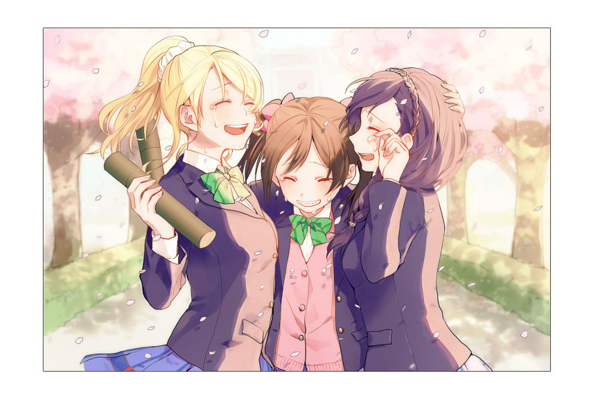 3girls ayase_eli black_hair blonde_hair blurry bow bowtie braid cardigan cherry_blossoms closed_eyes depth_of_field diploma girl_sandwich graduation grin hair_bow hair_ornament hair_scrunchie hand_on_another's_head happy_tears jacket kurosujuu long_hair love_live! love_live!_school_idol_project multiple_girls open_mouth petals ponytail purple_hair sandwiched school_uniform scrunchie short_hair side_braid smile striped striped_bow striped_bowtie tears toujou_nozomi tree tube twintails wind wiping_tears yazawa_nico