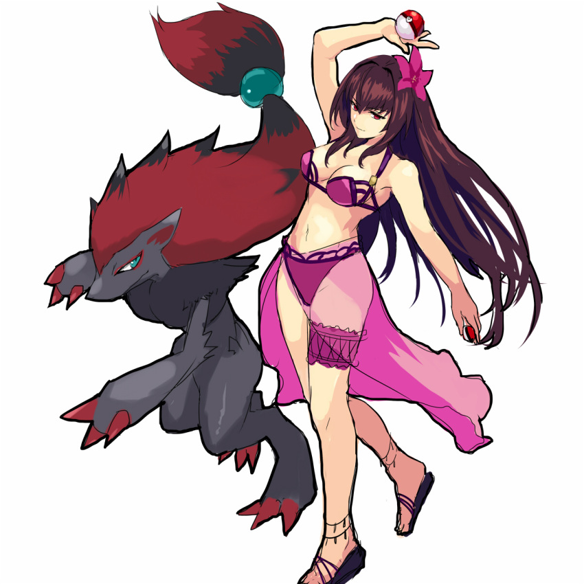 1girl arm_up bikini brown_eyes brown_hair crossover fate/grand_order fate_(series) highres jilllxlxl long_hair midriff navel poke_ball pokemon scathach_(fate/grand_order) simple_background solo swimsuit thighs white_background zoroark