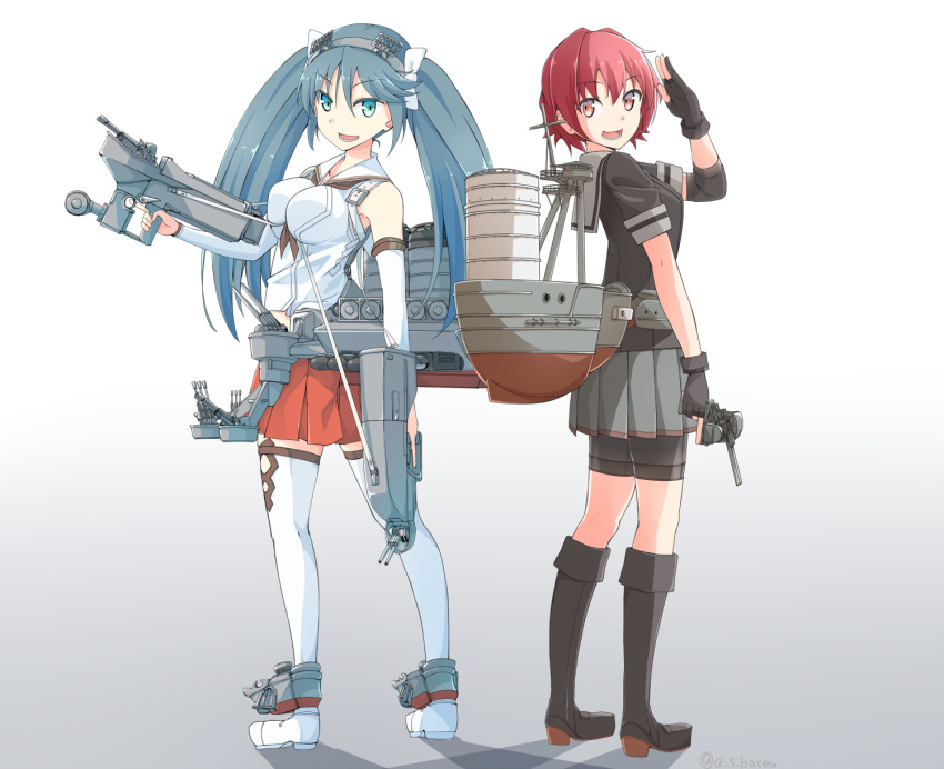 1girl abukuma_(kantai_collection)_(cosplay) back baseu bike_shorts blouse blue_eyes blue_hair boots breasts cannon depth_charge depth_charge_projector detached_sleeves hair_ribbon highres isuzu_(kantai_collection) jacket kantai_collection kinu_(kantai_collection) knee_boots large_breasts long_hair looking_back machinery open_mouth orange_eyes pleated_skirt redhead remodel_(kantai_collection) ribbon salute school_uniform serafuku short_hair short_sleeves shorts_under_skirt skirt smile smokestack torpedo turret twintails