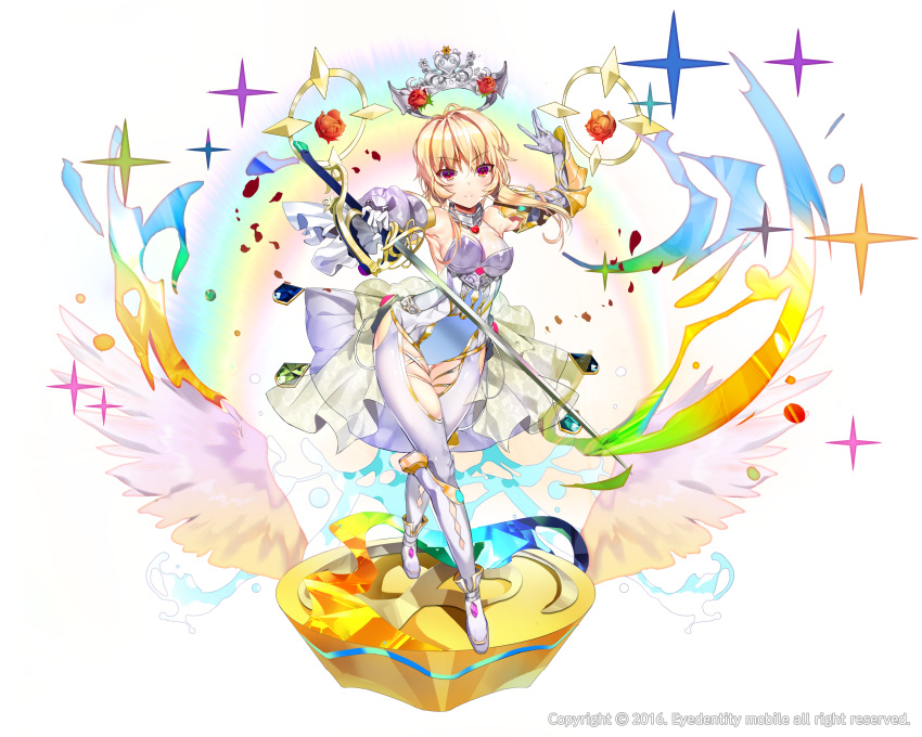 1girl absurdres armor blonde_hair boots breasts cleavage contrapposto detached_collar elbow_gloves flower full_body gloves halo highres kaku-san-sei_million_arthur naeun_(pinky1866) petals red_eyes rose sidelocks simple_background skin_tight smile solo standing sword thigh_gap thighs weapon white_background white_legwear
