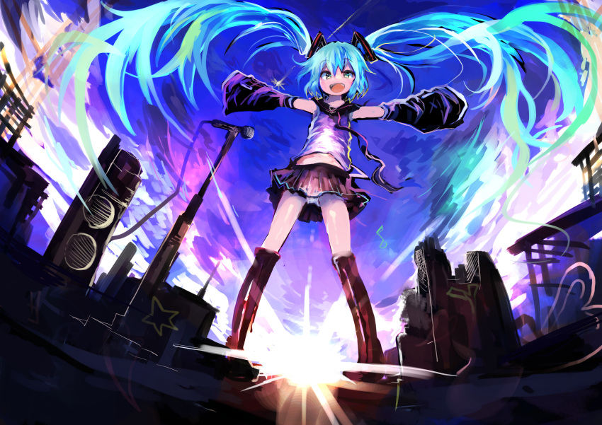 1girl :d absurdres amplifier aqua_eyes aqua_hair black_boots boots cable detached_sleeves hatsune_miku highres kaamin_(mariarose753) knee_boots long_hair looking_at_viewer microphone microphone_stand necktie open_mouth outstretched_arms panties pantyshot pantyshot_(standing) skirt sky sleeveless sleeves_past_wrists smile solo speaker standing sun sunlight twintails underwear upskirt very_long_hair vocaloid white_panties