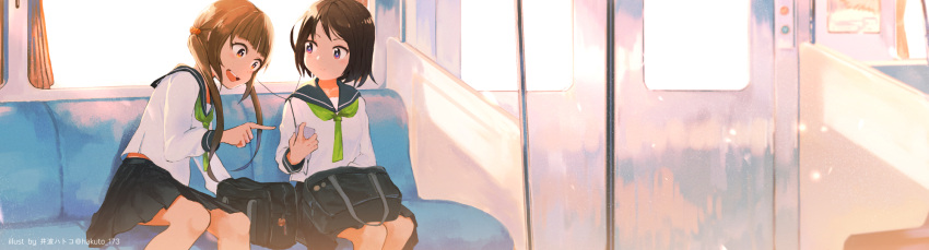 2girls artist_name backlighting bag black_hair blush brown_eyes commentary earphones ground_vehicle hair_bobbles hair_ornament happy highres holding inami_hatoko long_hair looking_at_another media_player multiple_girls open_mouth original pointing school_bag short_hair sitting smile sunlight train train_interior twintails twitter_username violet_eyes