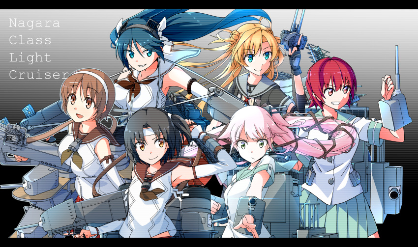 6+girls aa_gun abukuma_(kantai_collection) aircraft_catapult bangs baseu black_hair blonde_hair blouse blue_eyes blue_hair breasts brown_eyes brown_hair buruma cannon depth_charge detached_sleeves double_bun green_eyes grin hair_between_eyes hair_ribbon hair_rings hairband headband highres isuzu_(kantai_collection) kantai_collection kinu_(kantai_collection) large_breasts long_hair machinery multiple_girls nagara_(kantai_collection) natori_(kantai_collection) open_mouth orange_eyes pink_hair pleated_skirt ponytail radar redhead remodel_(kantai_collection) ribbon school_uniform serafuku short_hair side_ponytail skirt smile smokestack thigh-highs turret twintails very_long_hair yura_(kantai_collection)