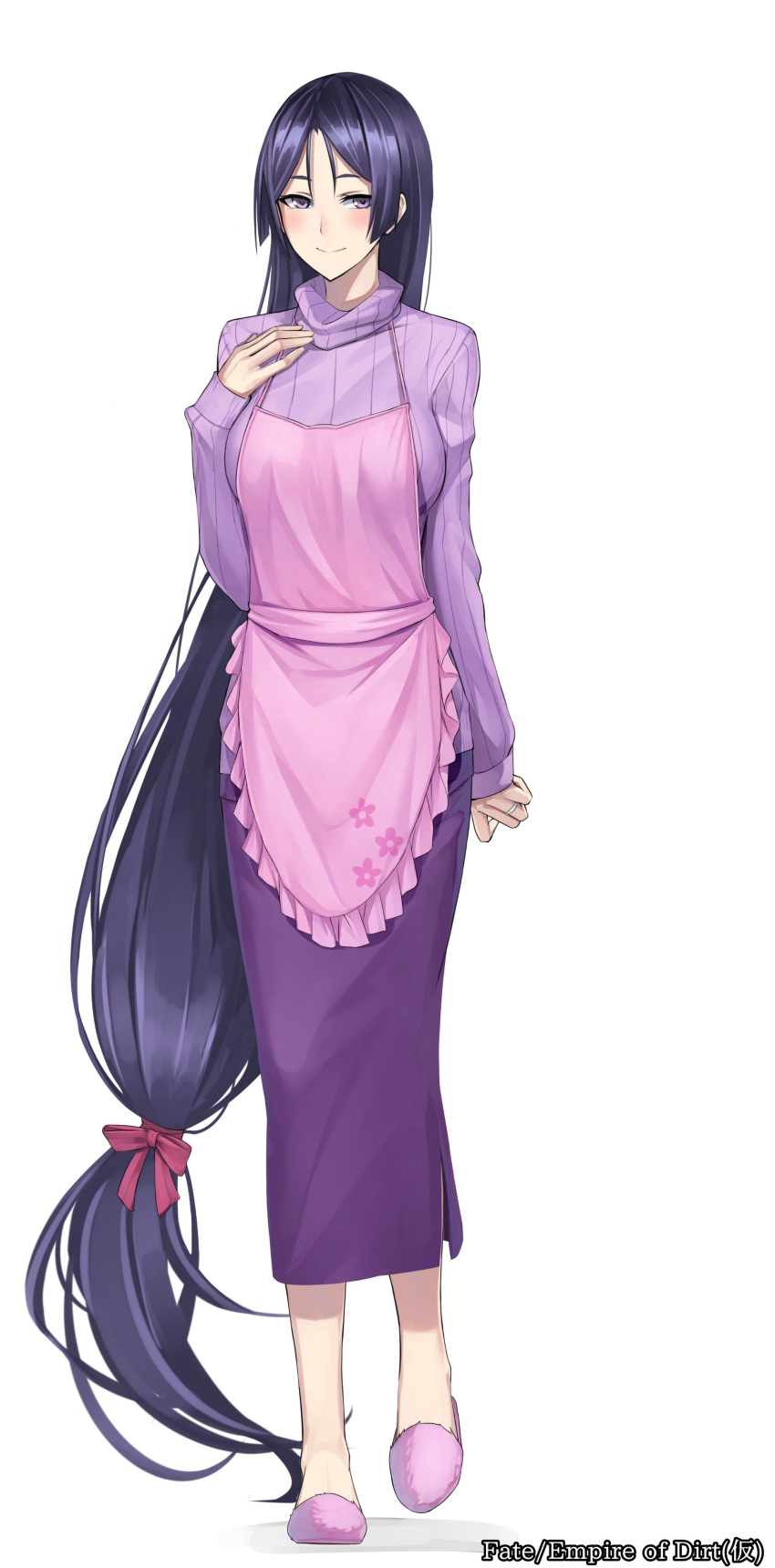 1girl absurdly_long_hair absurdres apron black_hair casual fate/grand_order fate_(series) highres long_hair low-tied_long_hair minamoto_no_yorimitsu_(fate/grand_order) ribbed_sweater sandals shijiu_(adamhutt) smile solo sweater very_long_hair violet_eyes white_background