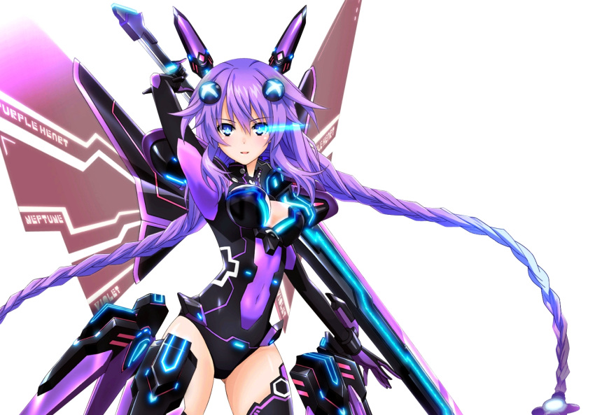 1girl blue_eyes braid breasts cleavage cleavage_cutout detached_wings gloves hair_ornament leotard long_hair looking_at_viewer neptune_(choujigen_game_neptune) neptune_(series) purple_hair purple_heart simple_background smile solo sword symbol-shaped_pupils thigh-highs twin_braids very_long_hair weapon white_background wings