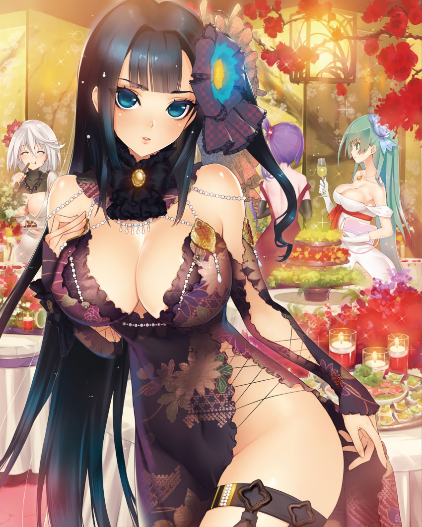4girls ^_^ artist_request black_gloves blue_eyes breasts buffet cleavage closed_eyes cowboy_shot dengeki_moeou detached_sleeves dress elbow_gloves female glint gloves green_eyes hand_on_own_chest highres indoors jewelry large_breasts long_hair looking_at_viewer multiple_girls necklace no_panties one_side_up parted_lips purple_hair sengoku_bushouki_muramasa side_ponytail side_slit silver_hair solo_focus thigh_strap very_long_hair white_dress white_gloves