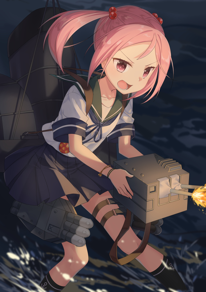 &gt;:o 1girl :o action anchor_symbol badge bracelet cannon collarbone commentary_request firing flat_chest hair_bobbles hair_ornament highres holding holding_weapon jewelry kantai_collection kneehighs leaning_forward looking_to_the_side machinery open_mouth pink_eyes pink_hair pleated_skirt sazanami_(kantai_collection) school_uniform serafuku short_sleeves skirt solo teeth transistor turret twintails water weapon