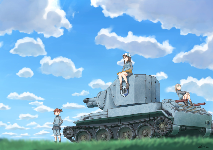 3girls aki_(girls_und_panzer) ankle_boots bangs blue_boots blue_skirt blunt_bangs blurry boots brown_eyes brown_hair bt-42 caterpillar_tracks closed_eyes closed_mouth clouds cloudy_sky day depth_of_field emblem girls_und_panzer grass green_eyes ground_vehicle hair_tie hands_in_pockets hat instrument kantele light_brown_hair long_hair long_sleeves mika_(girls_und_panzer) mikko_(girls_und_panzer) military military_uniform military_vehicle miniskirt motor_vehicle multiple_girls music on_vehicle outdoors pants pants_rolled_up pants_under_skirt playing_instrument pleated_skirt red_eyes redhead short_hair short_twintails sitting skirt sky smile standing tank track_jersey track_pants twintails twitter_username uniform yukiroku