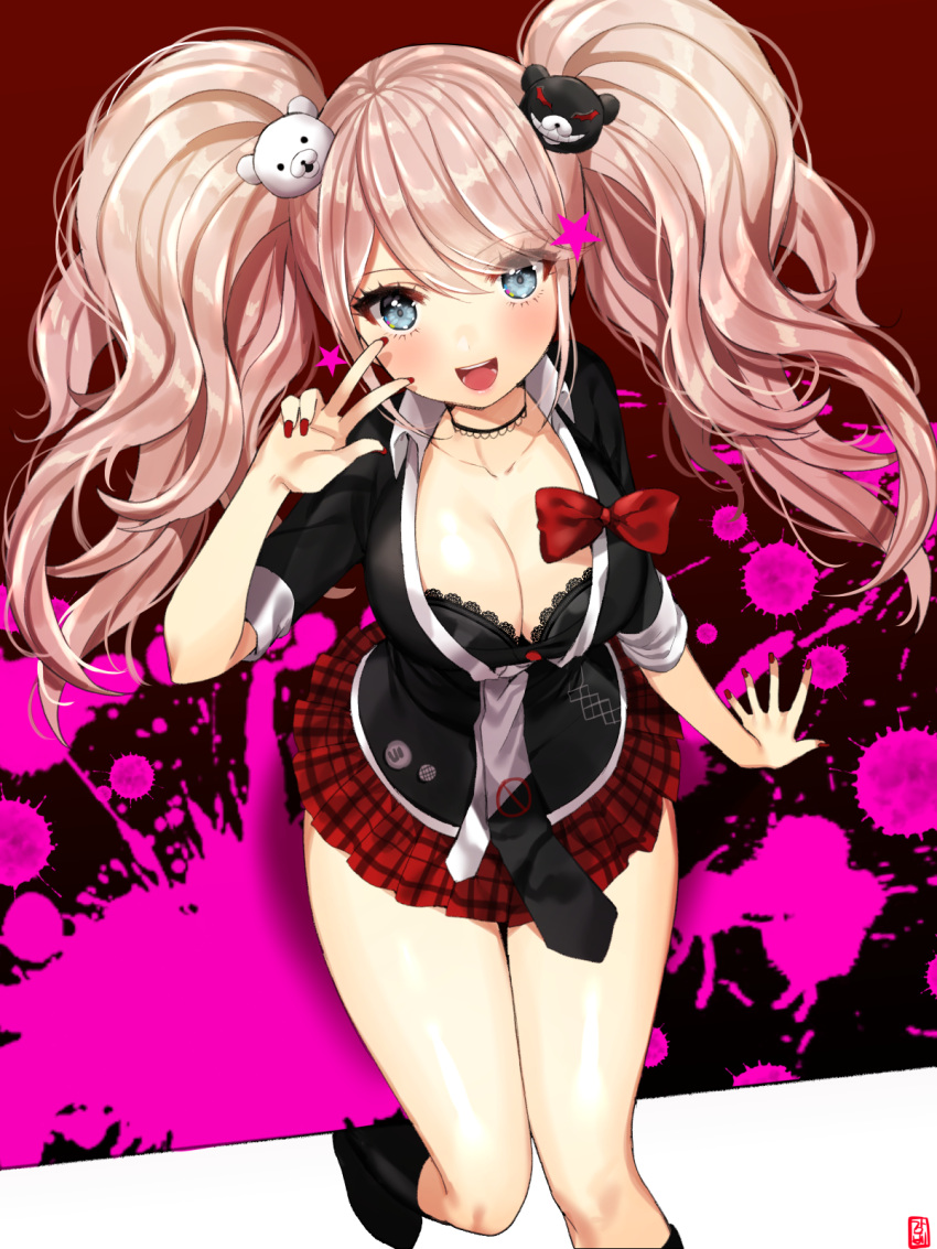 1girl arm_support blue_eyes boots breasts cleavage commentary_request dangan_ronpa dangan_ronpa_1 enoshima_junko fingernails from_above gabe_(seelunto) hair_ornament highres large_breasts long_fingernails long_hair looking_up nail_polish necktie pink_hair school_uniform sitting skirt sleeves_rolled_up smile solo twintails v