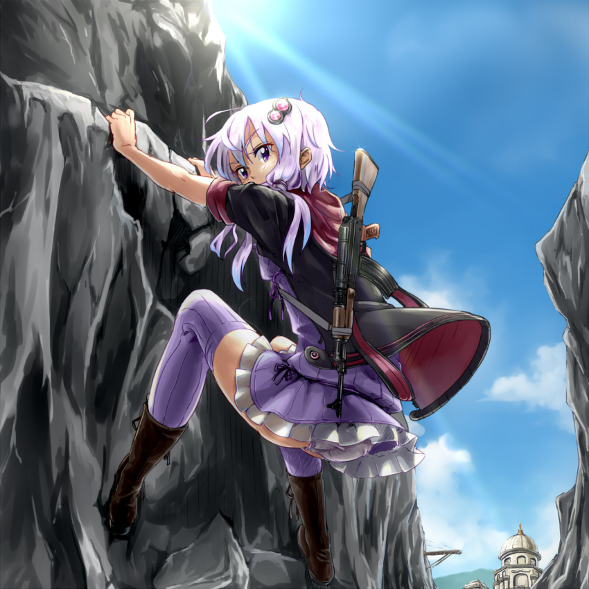 1girl ak-47 animal_hood ass assault_rifle blue_sky boots bunny_hood cliff climbing commentary_request day dress from_behind gun hair_between_eyes hair_ornament highres hood hood_down hoodie light_rays looking_at_viewer looking_back low_twintails morgan_(adfx01f) outdoors outstretched_arms panties pantyshot purple_dress purple_hair purple_legwear purple_panties rifle short_hair_with_long_locks sky sleeves_rolled_up solo striped striped_legwear sunbeam sunlight thigh-highs twintails underwear violet_eyes vocaloid voiceroid weapon yuzuki_yukari