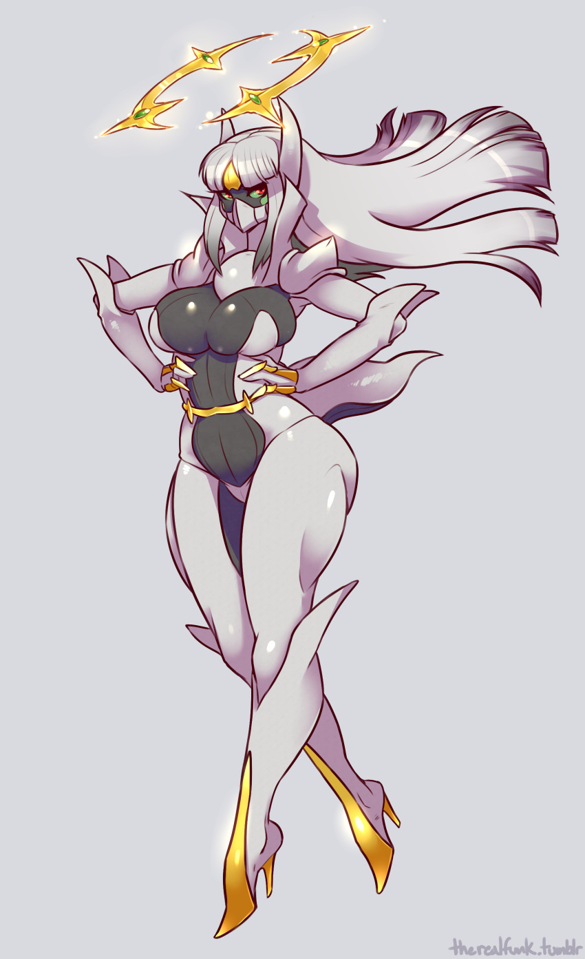 1girl absurdres arceus artist_name breasts female full_body furry glowing green_sclera halo hands_on_hips highres live_for_the_funk looking_at_viewer personification pokemon red_eyes silver_hair solo watermark web_address