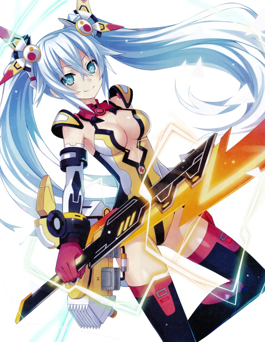 1girl aqua_eyes bangs black_heart blue_eyes breasts center_opening chou_megami_shinkou_noire_gekishin_black_heart cleavage cleavage_cutout covered_navel elbow_gloves electricity gloves hair_between_eyes hair_ornament halterneck headgear highres holding holding_weapon leotard lightning_bolt long_hair looking_at_viewer mechanical_wings medium_breasts neptune_(series) noire power_symbol simple_background skin_tight smile solo sword symbol-shaped_pupils thigh-highs tsunako twintails very_long_hair weapon white_background white_hair wings
