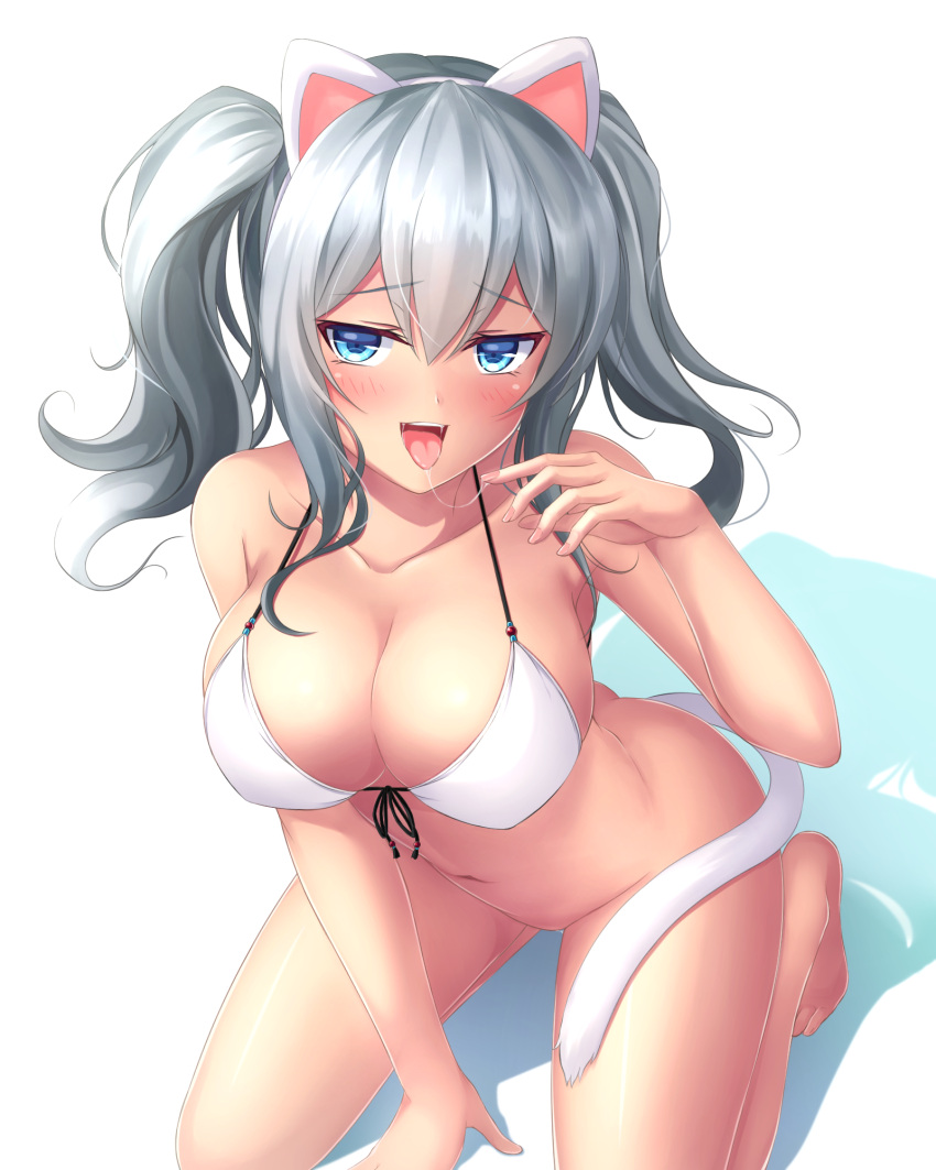 1girl animal_ears bare_legs barefoot bikini_top blue_eyes blush bottomless breasts cat_ears cat_tail cleavage collarbone front-tie_top highres kantai_collection kashima_(kantai_collection) kneeling large_breasts long_hair naughty_face navel open_mouth saliva saliva_trail sidelocks silver_hair simple_background smile solo swimsuit tail tiphereth tongue tongue_out tsurime twintails wavy_hair white_background white_bikini_top