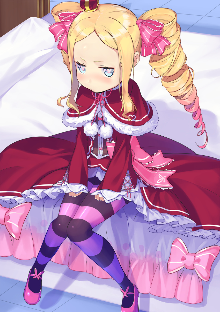 1girl beatrice_(re:zero) blonde_hair blue_eyes capelet commentary_request crown drill_hair gradient_hair hair_ribbon hands_on_own_thighs highres horizontal-striped_legwear indoors knees_together_feet_apart long_hair long_sleeves mini_crown multicolored_hair nanotaro on_bed pink_hair re:zero_kara_hajimeru_isekai_seikatsu ribbon sitting solo striped striped_legwear symbol-shaped_pupils twin_drills twintails two-tone_hair